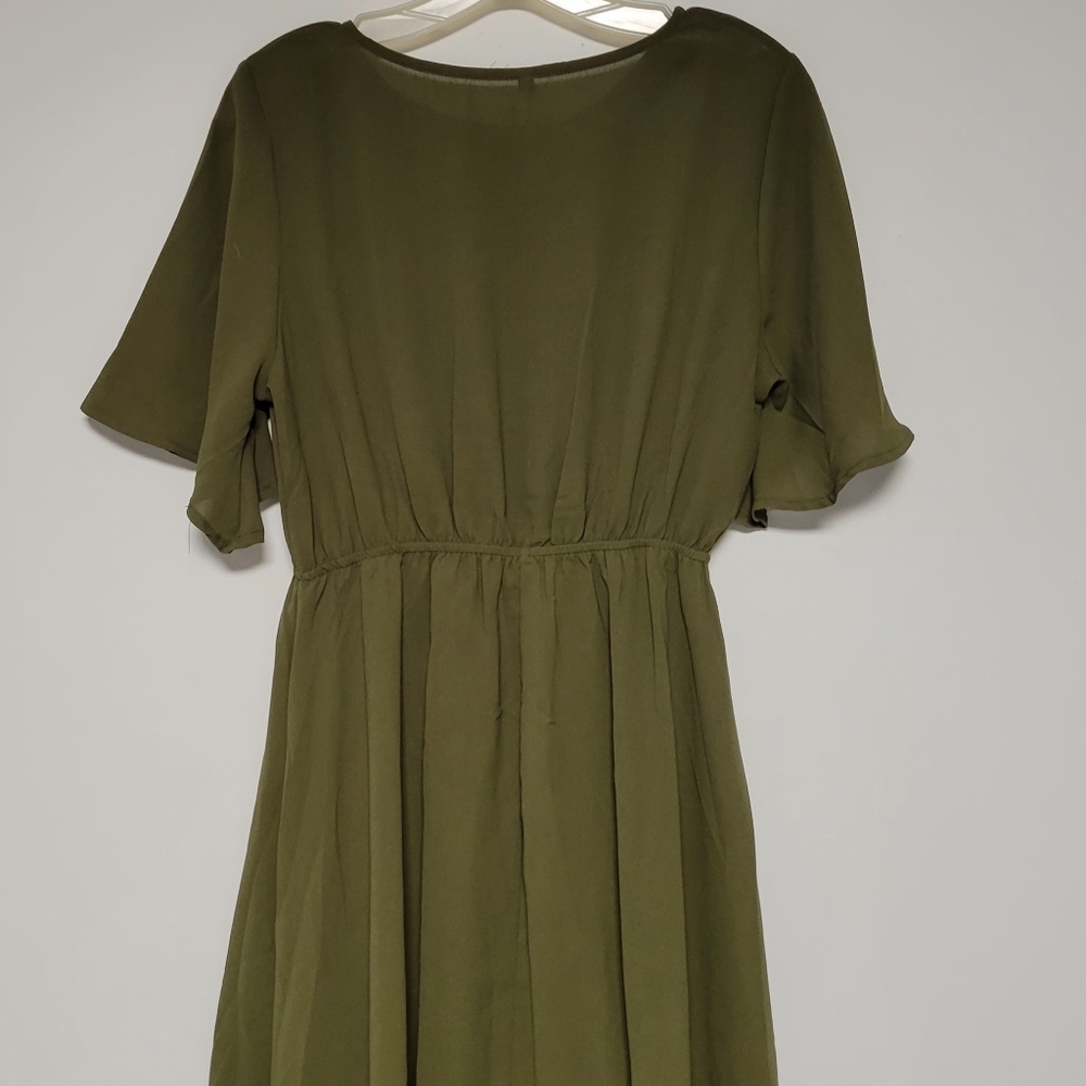 Olive Ruffle Hem Dress Army Green Batwing Sleeve Scoop Neck Asym L - Picture 5 of 7
